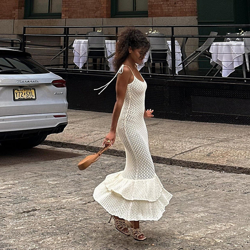 Beach Knitted Sling Tiered-Ruffle Long Dress Women