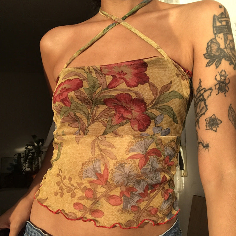 Vintage Printed Mesh Lace-Up Cropped Bandeau Top