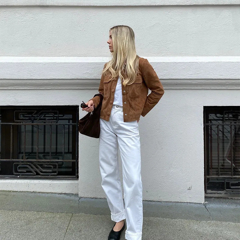 Lapel Single Breasted Vintage Long Sleeve Suede Jacket