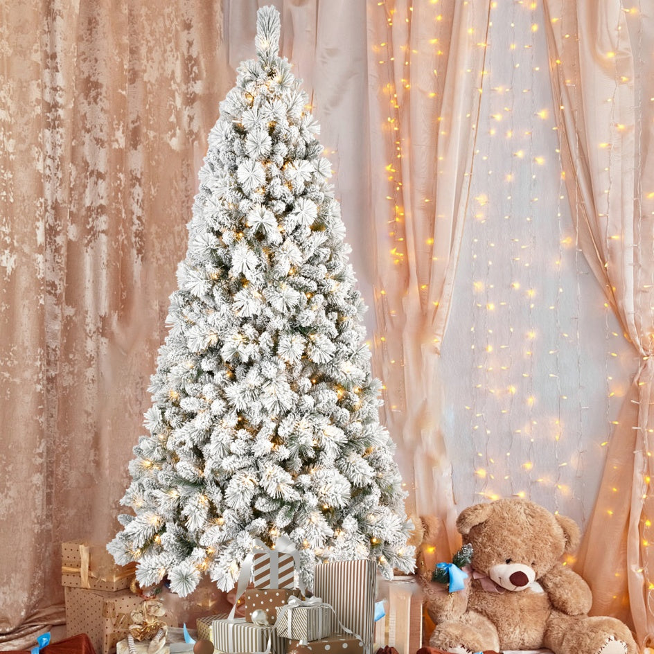 5-foot Velvet Christmas Tree With 250 Warm White LED Lights - 518 Tips, Snowy PVC And Stiff Needle Branches, Hinged Design For Easy Setup, Sturdy Metal Stand - Panoramic Realistic Holiday Tree