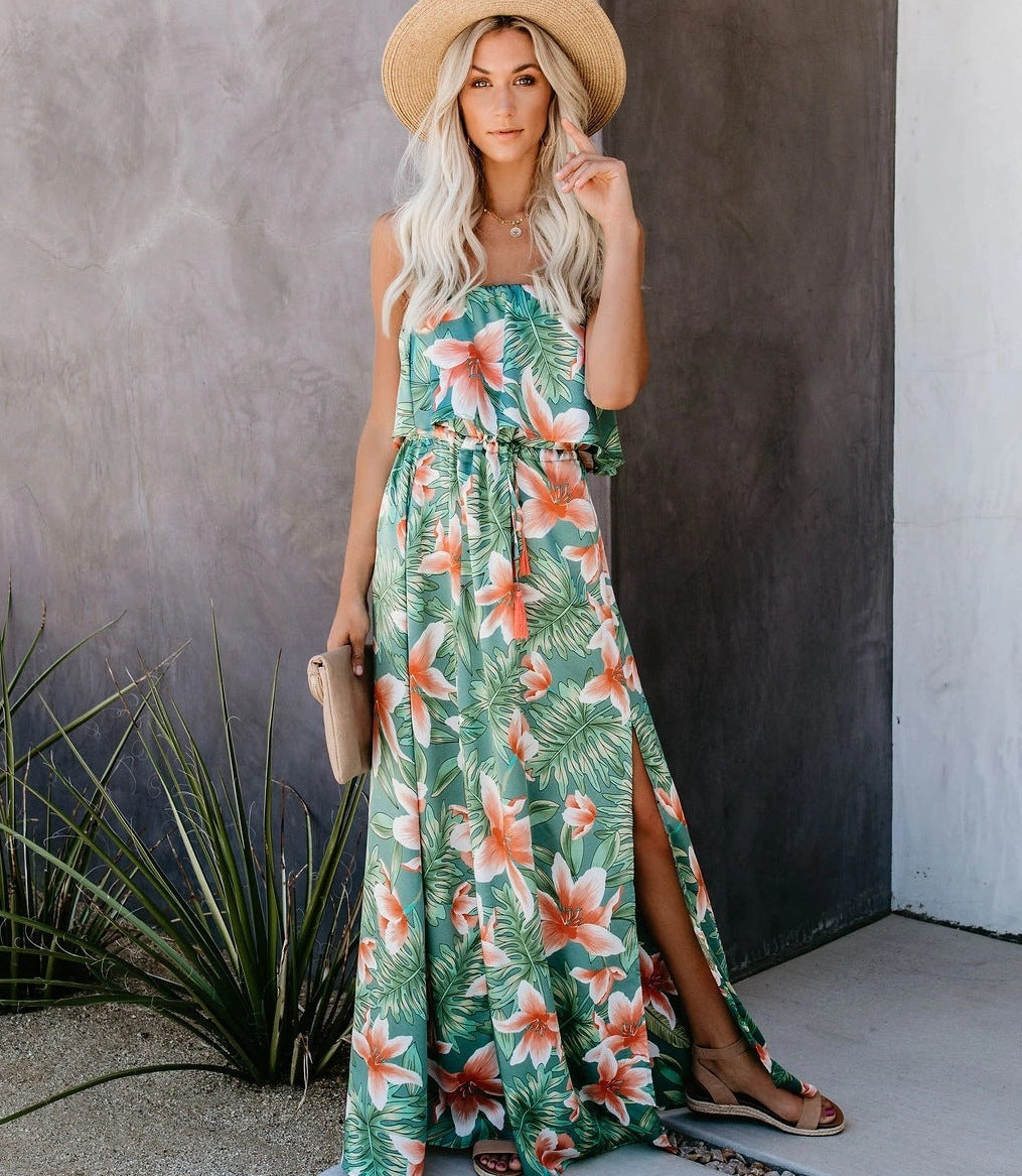 Off-shoulder ruffle split dress