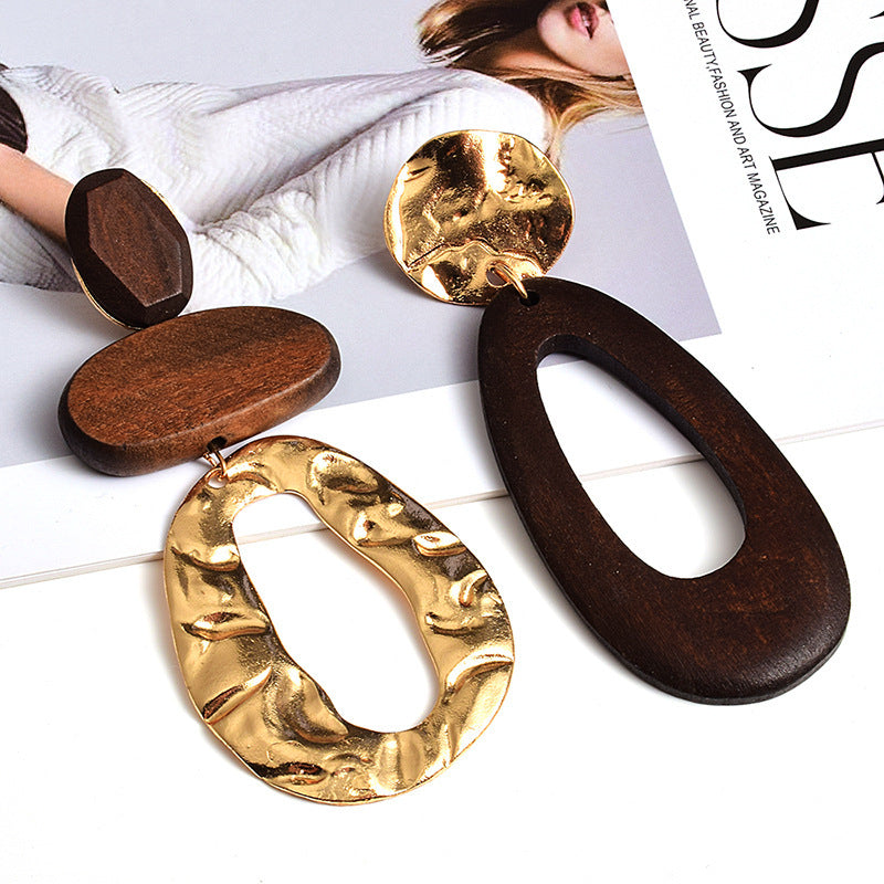 Vintage Handmade Fashion Wooden Metal Dangle Earrings