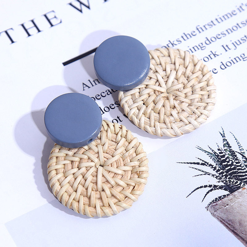 Women's Wooden Rattan Geometric Round Boho Earrings