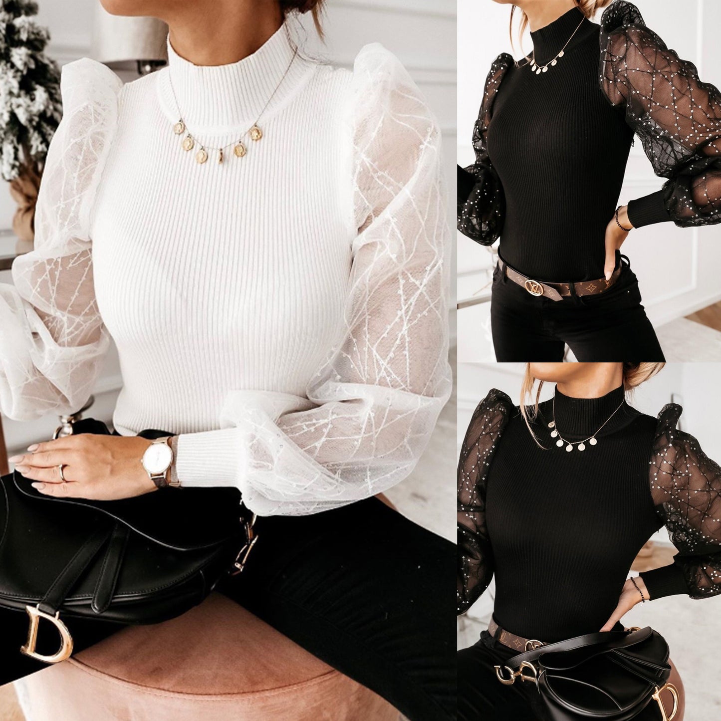 Shiny bead mesh thread sleeve stitching
