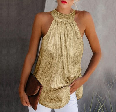 Hanging neck zipper sleeveless T-shirt casual top