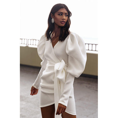 V-neck puff sleeve bow tie dress