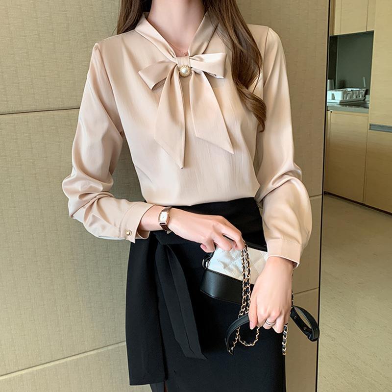 Spring New Bow Satin Long Sleeved Inner Shirt Blouse