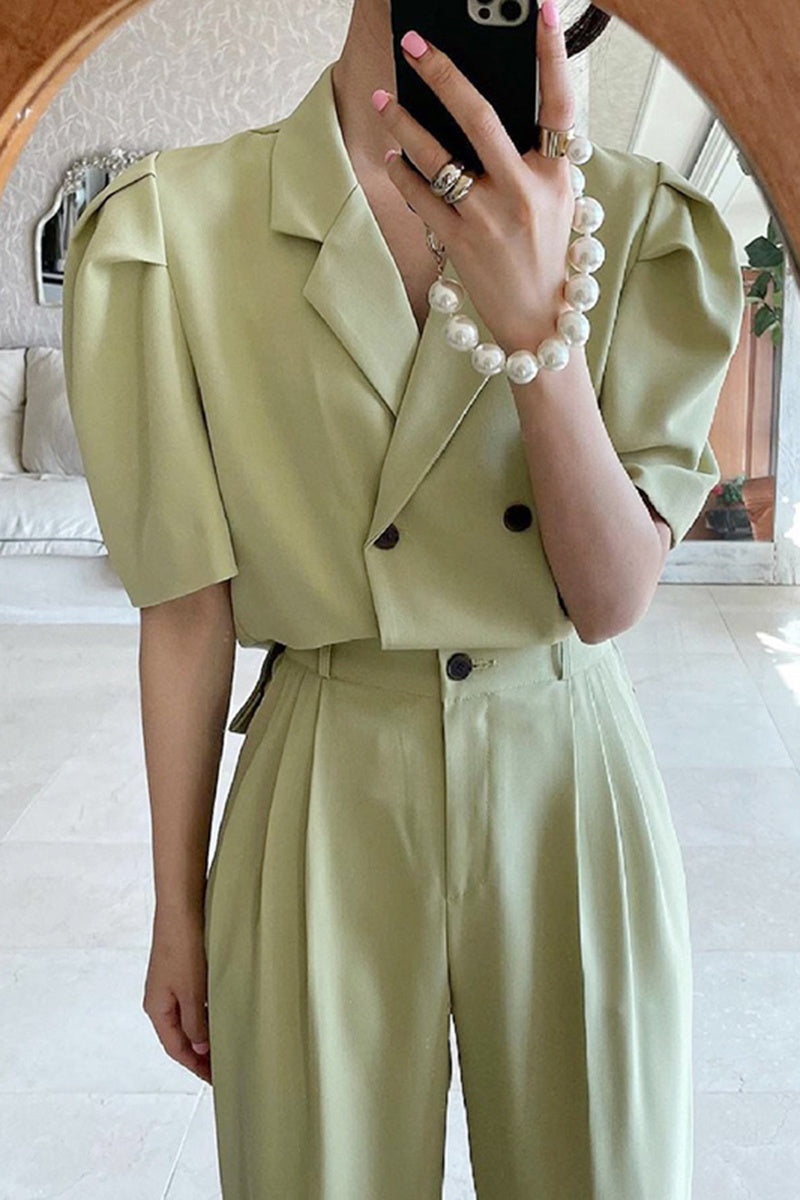 Simple Lapel Double-breasted Puff Sleeve Blazer  High-waist Pleated Casual Trousers Trousers Women