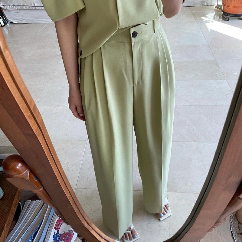 Simple Lapel Double-breasted Puff Sleeve Blazer  High-waist Pleated Casual Trousers Trousers Women