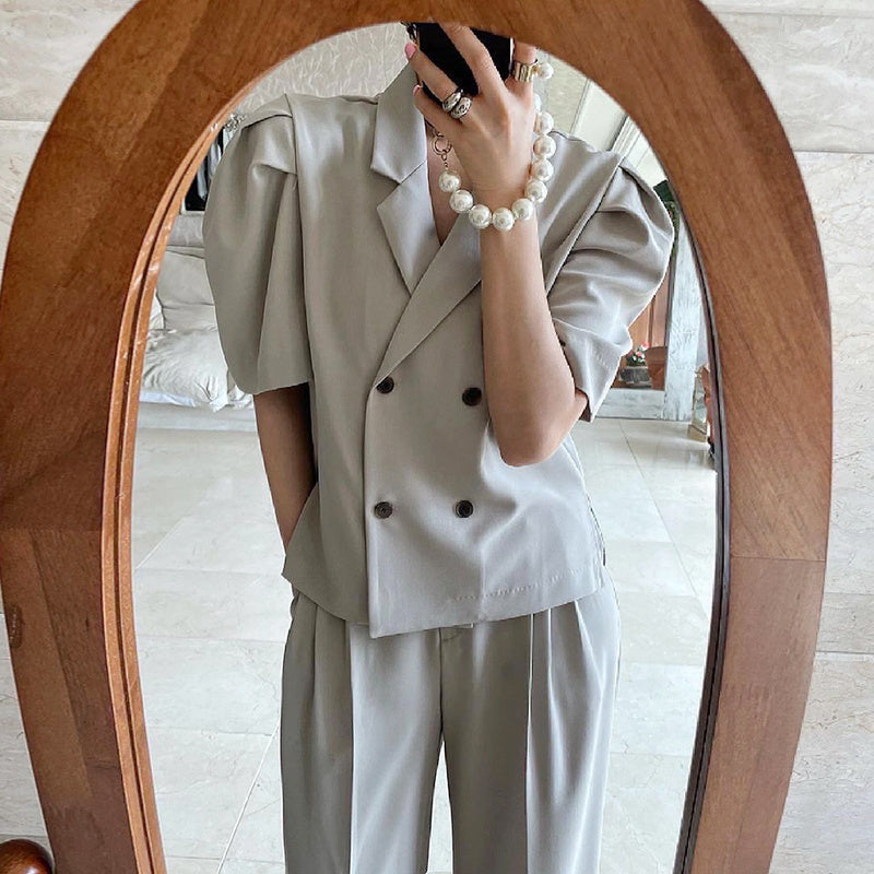Simple Lapel Double-breasted Puff Sleeve Blazer  High-waist Pleated Casual Trousers Trousers Women