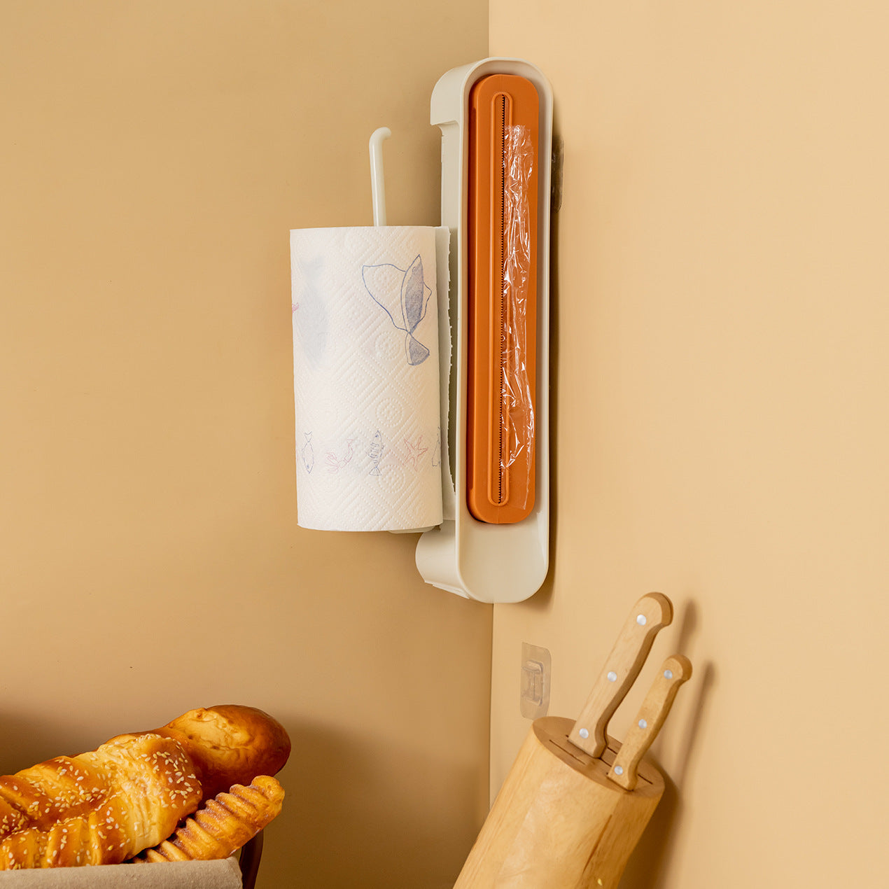 3 In1 Food Keeper Wrap Dispenser Storage Hang Holder Multifunctional Cling Film Cutter Slide Home Kitchen Gadgets
