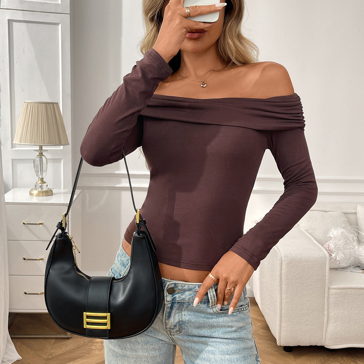 Y2g Pleated Off-shoulder Long Sleeve Sexy Hot Girl Top