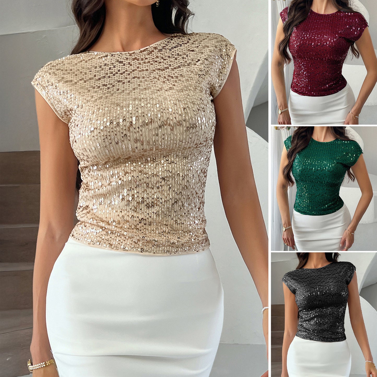 Women's Backless Sequined Party Short Sleeve Top