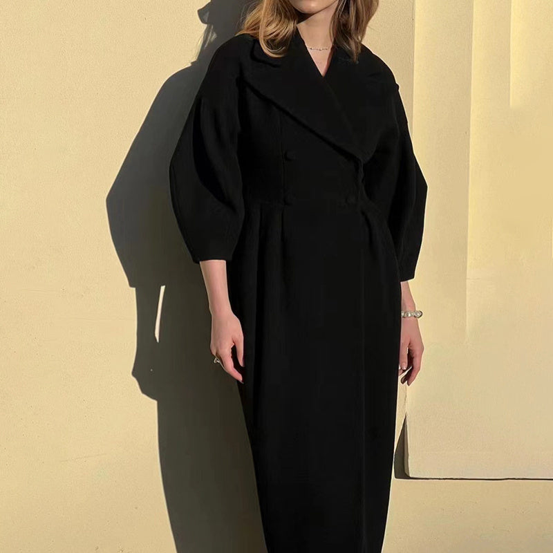 Women's Classic Winter Long Coat, Double-Breasted Belted Trench With Wide Lapel, Solid Color Oversized Overcoat For Casual Style