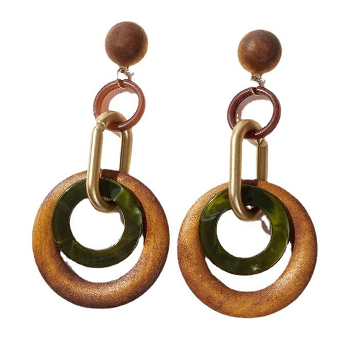 Vintage Handmade Fashion Wooden Metal Dangle Earrings