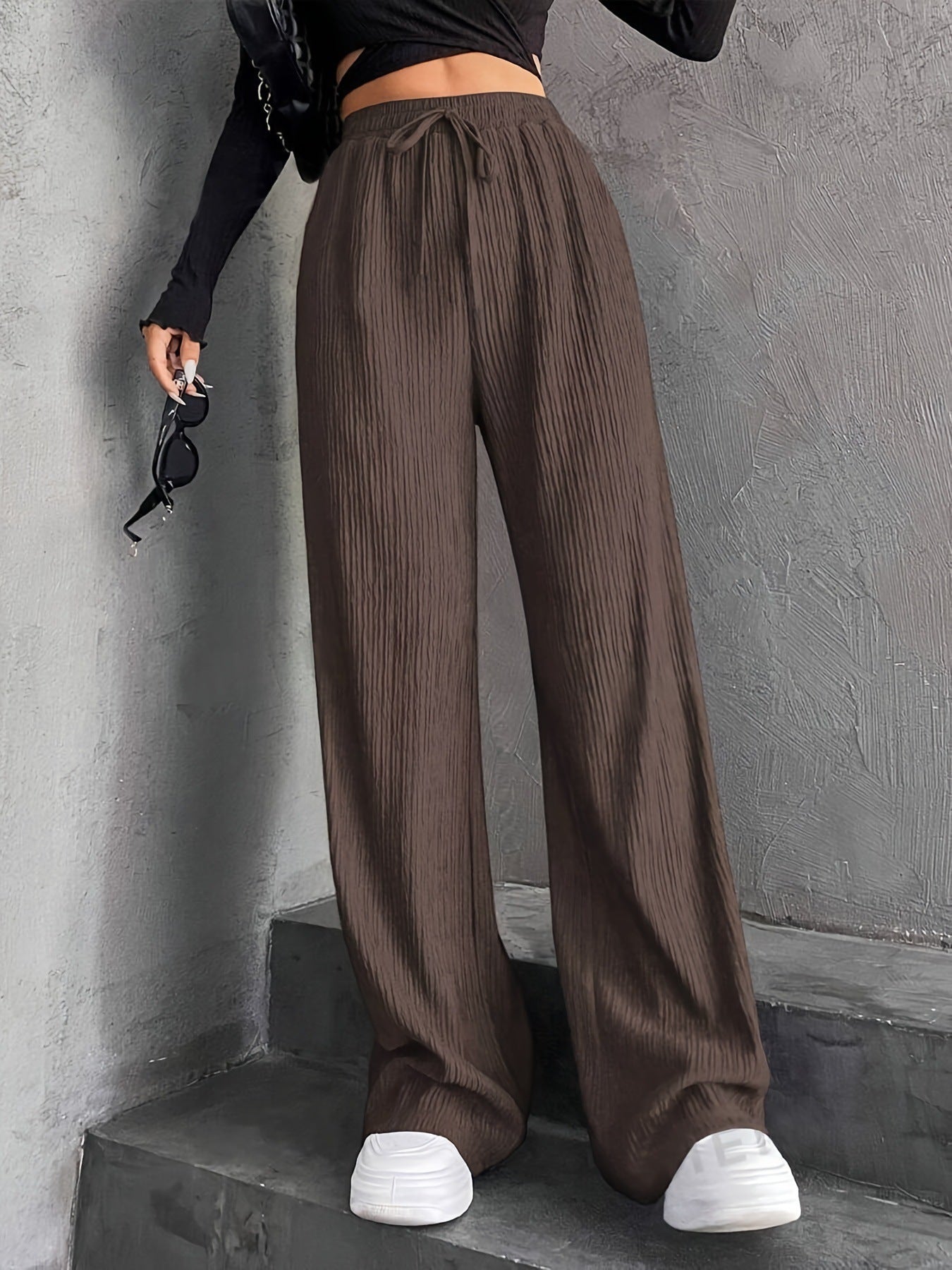 New Women's Elastic Waist Pinstripe Road Straight Wide Leg