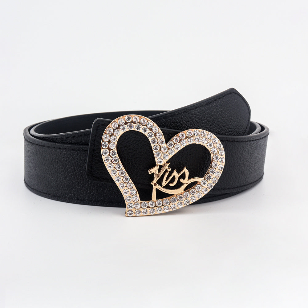 Black Ladies Belt Love Inset Rhinestone Golden Kiss Belt Fashion Hundred Matching Jeans Skirt Coat Coat