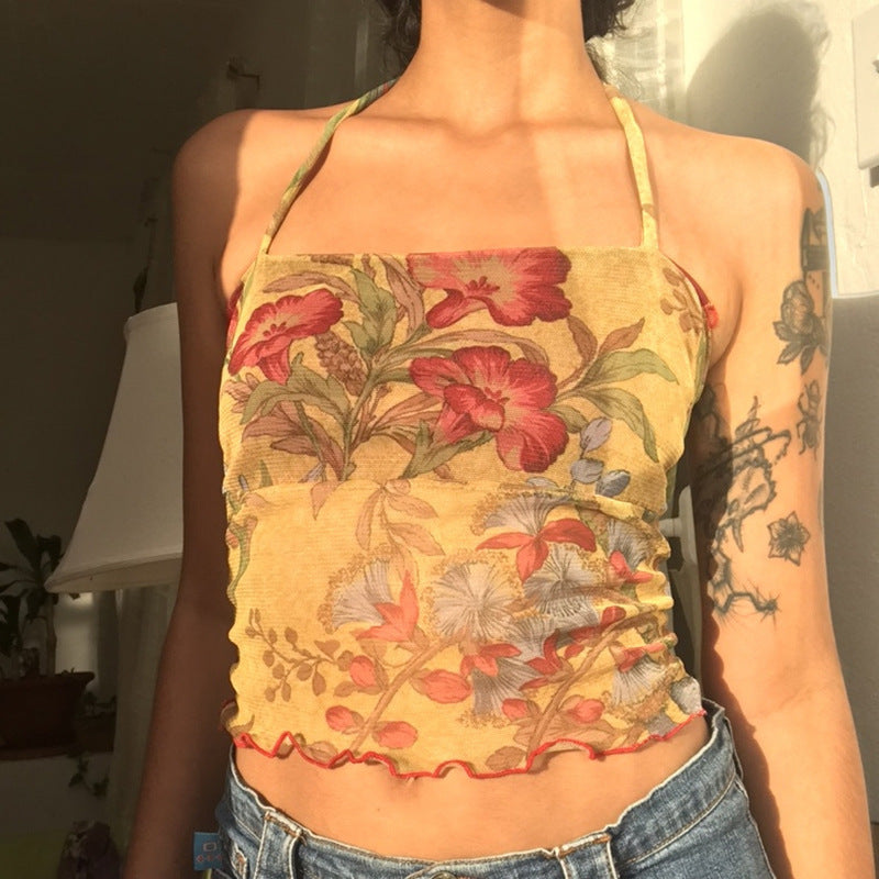 Vintage Printed Mesh Lace-Up Cropped Bandeau Top