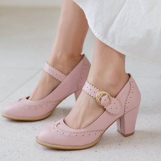 Spring new thick and buckle high heel Mary Jane shoes