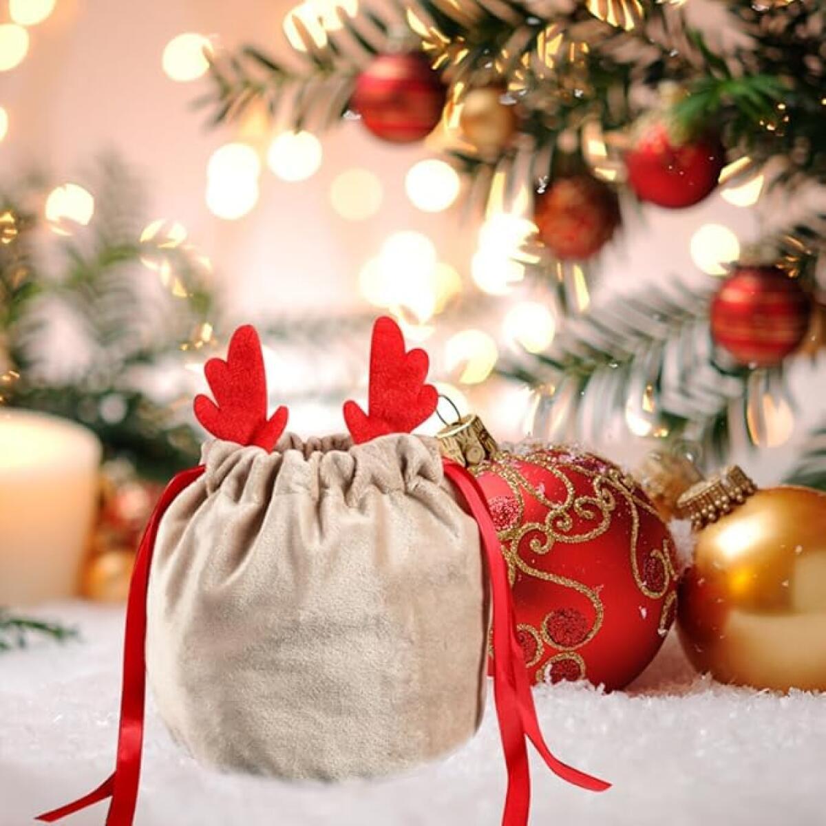5 Pcs Christmas Velvet Drawstring Candy Gift Bags With Antlers 2 Styles Mini Xmas Present Pouch 7x5 Inch Santa Gift Wrapping Bags