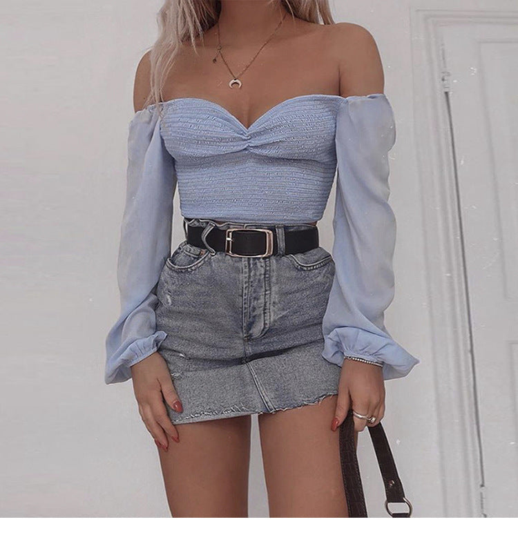 Sexy Light Blue Seersucker V-Neck T-Shirt Long Sleeve Blouse