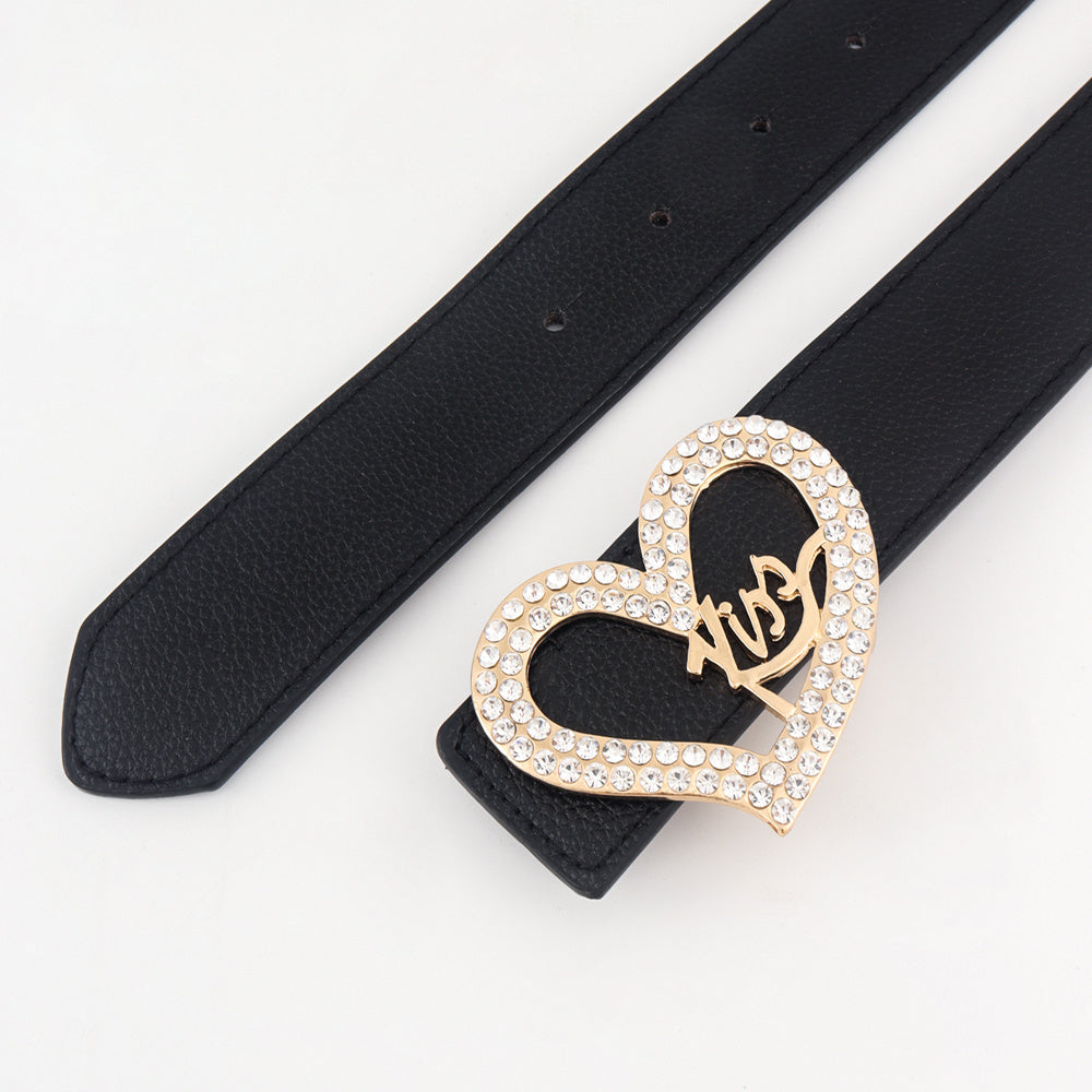 Black Ladies Belt Love Inset Rhinestone Golden Kiss Belt Fashion Hundred Matching Jeans Skirt Coat Coat