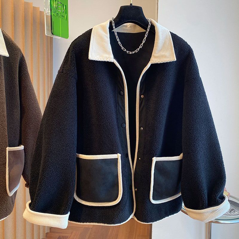Lamb Wool Women's Loose Slimming Thickened Warm Plus Size Splicing Coat