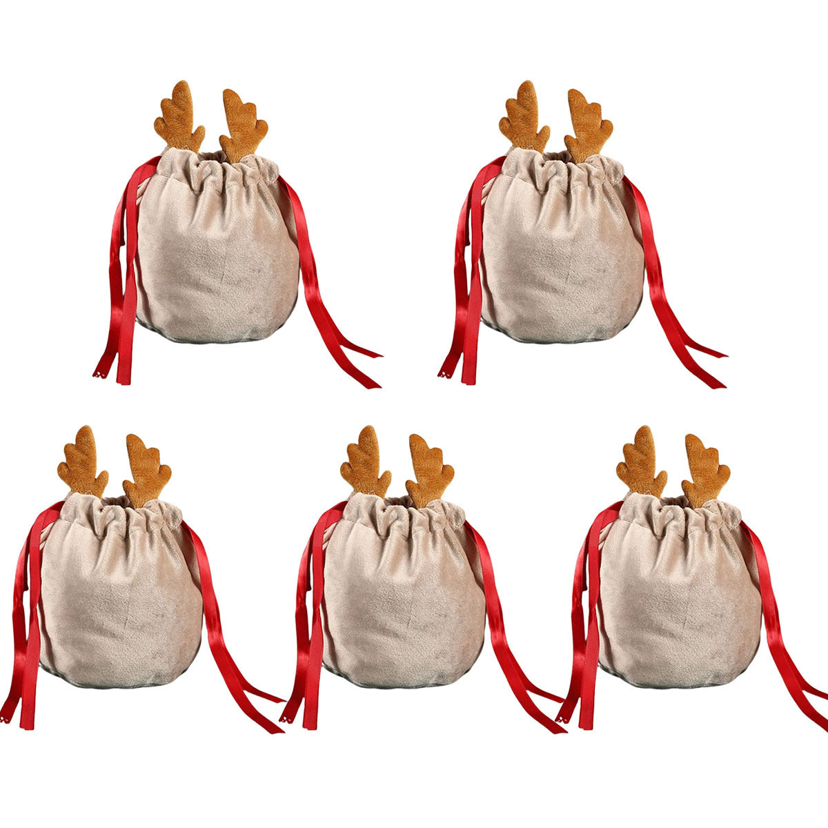5 Pcs Christmas Velvet Drawstring Candy Gift Bags With Antlers 2 Styles Mini Xmas Present Pouch 7x5 Inch Santa Gift Wrapping Bags