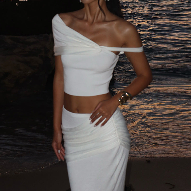Solid Color Creative Slim-fit Oblique Shoulder Long Dress Suit Women