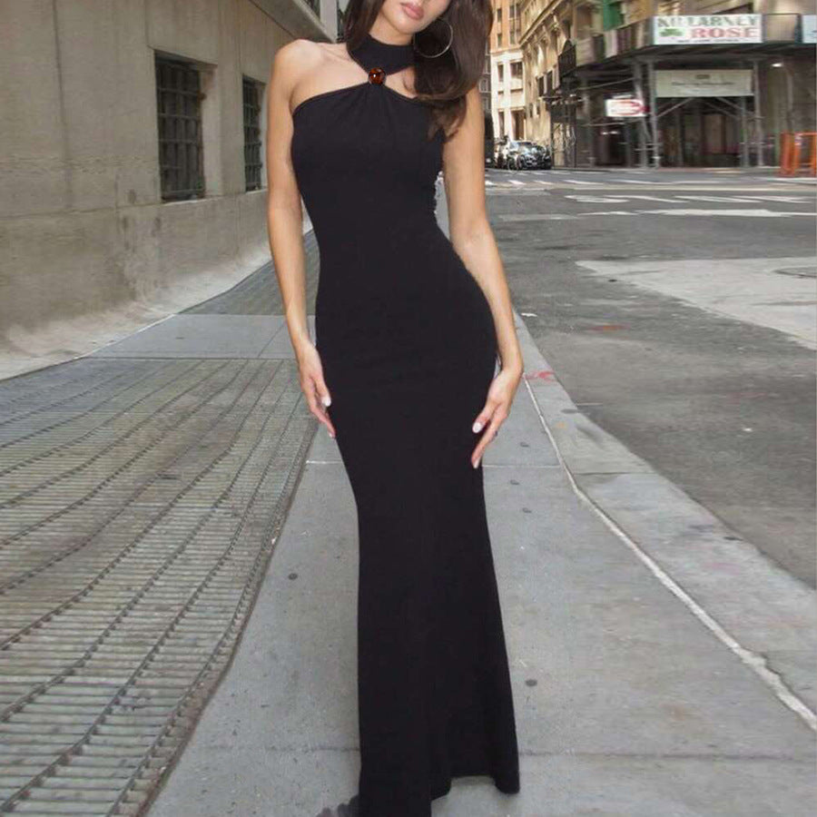 Temperament High Collar Halter Sleeveless Backless Slim Fit Dress Women