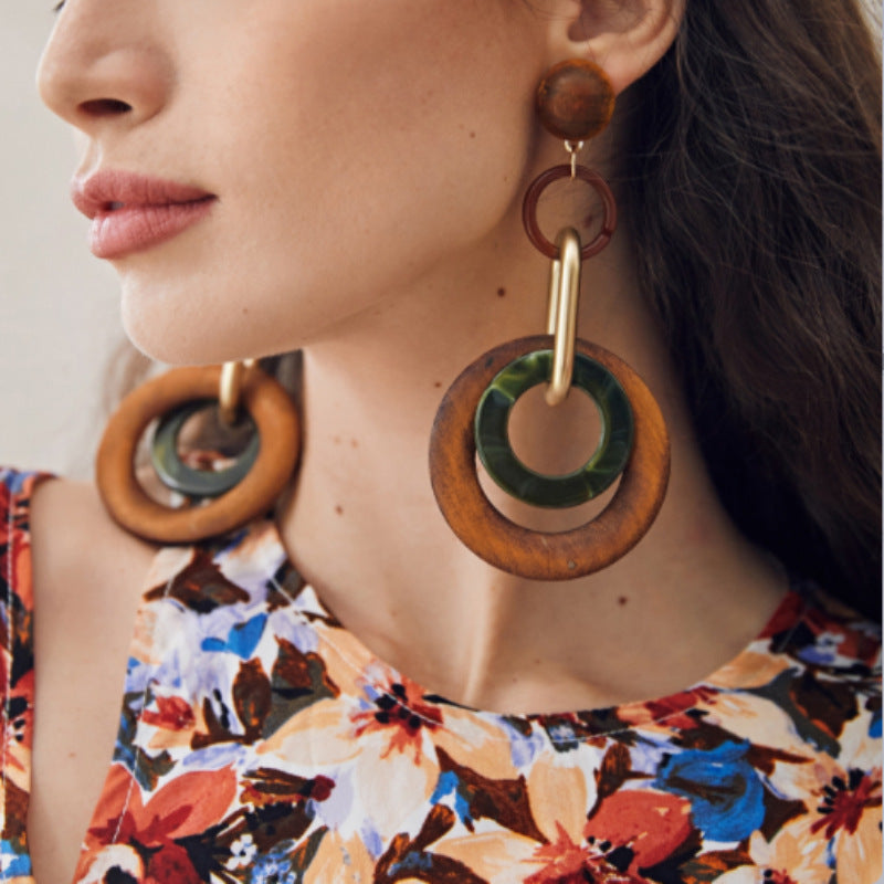 Vintage Handmade Fashion Wooden Metal Dangle Earrings