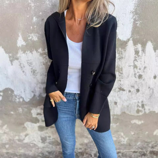 Solid Color Hooded Casual Button Trench Coat
