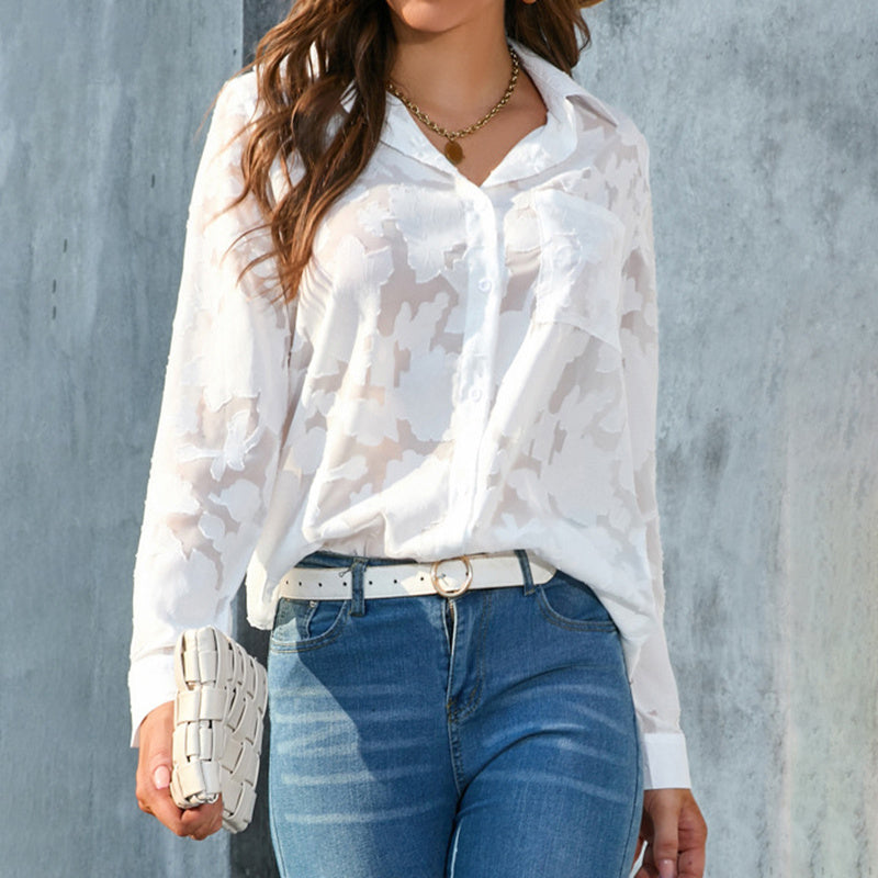 Womens Casual Sheer Button Down Shirts Long Sleeve V Neck Jacquard Blouses Tops