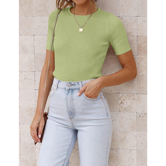 Womens Short Sleeve Shirts Crewneck Ribbed Knit Slim Fitted T-Shirt Summer Basic Tee Tops