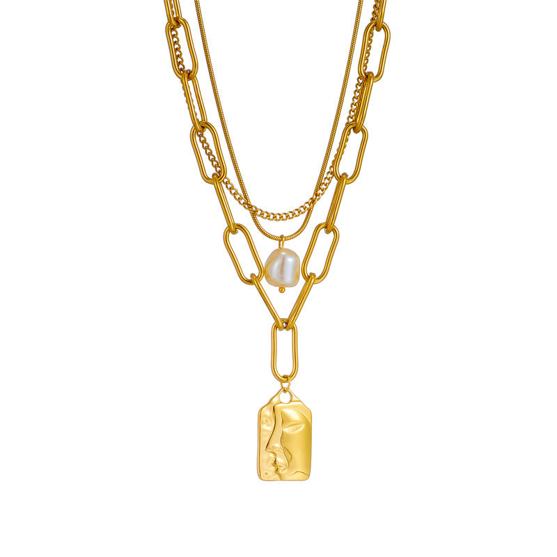 Fashion Jewelry Layered Face Portrait Chain Choker Necklace For Women Elegant Pearls Pendant Necklace Jewelry Accessories