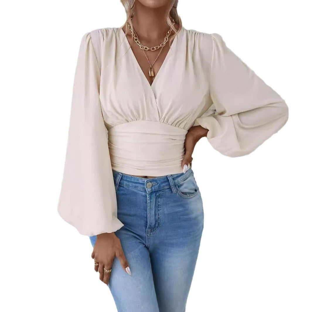 V-neck Sleeve Solid Color Pleated Women's Long-sleeved Top