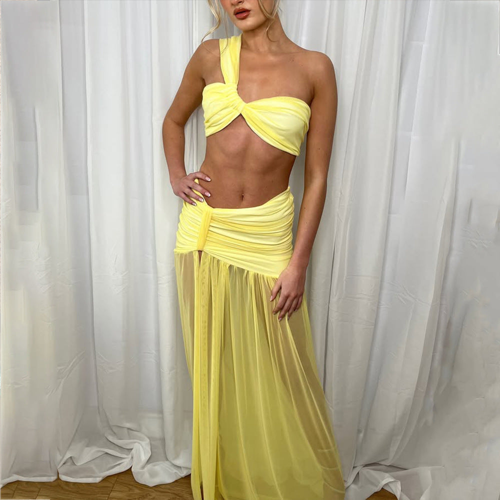 Mesh One-shoulder Top Two-piece Set Sexy Slit Pleated Dress Suit
