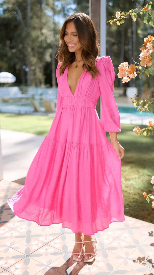 V-neck Waist-controlled Long Sleeves Dress Women