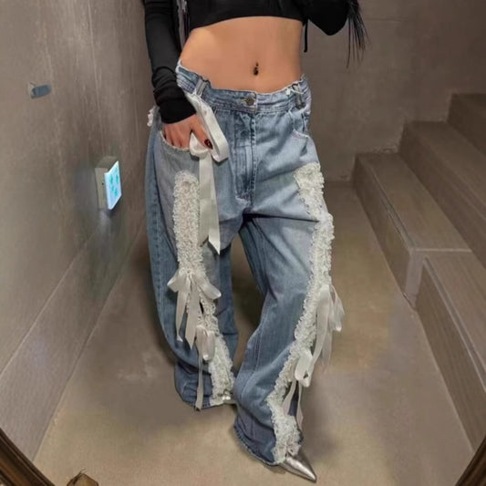 Women's American-style Retro Lace Lace-up Stitching Jeans