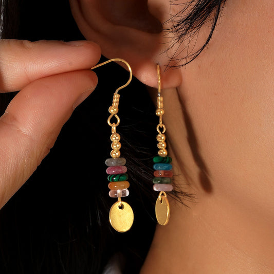Vintage Style Earrings Oval Piece Mixed Color Natural Stone