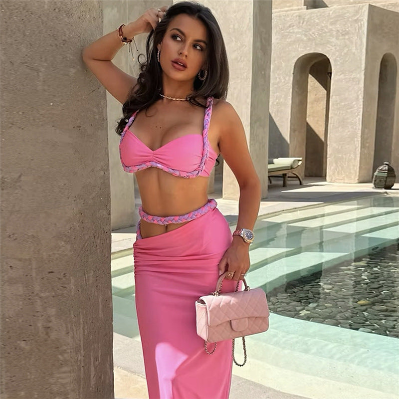 Cool Contrast Color Camisole Sexy Slim Side Slit Skirt Suit