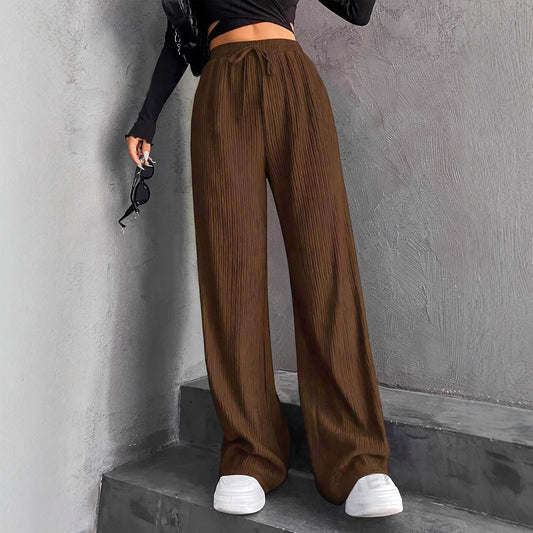 New Women's Elastic Waist Pinstripe Road Straight Wide Leg