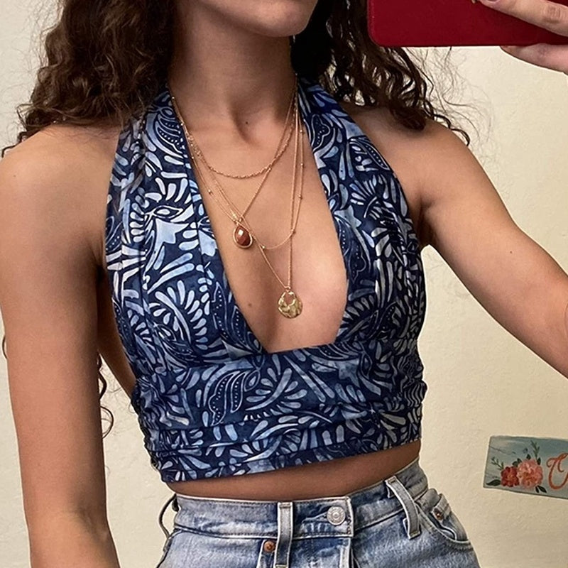 Women's Slim Fit V-Neck Print Strap Tube Top