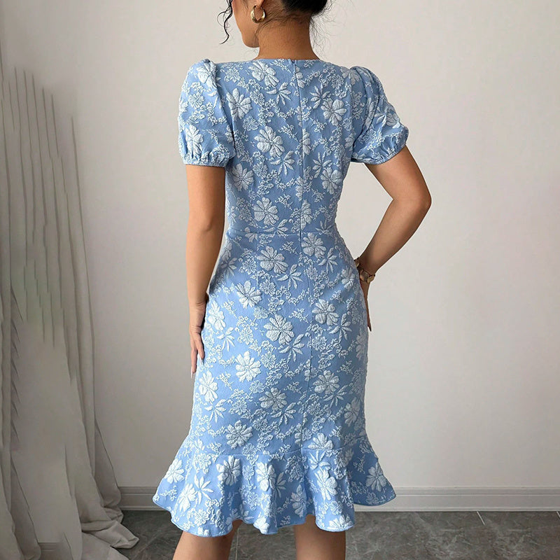 Women's Floral Jacquard Dress Women's Short Puff Sleeve Crew Neck Ruffle Hem Bodycon Dresses