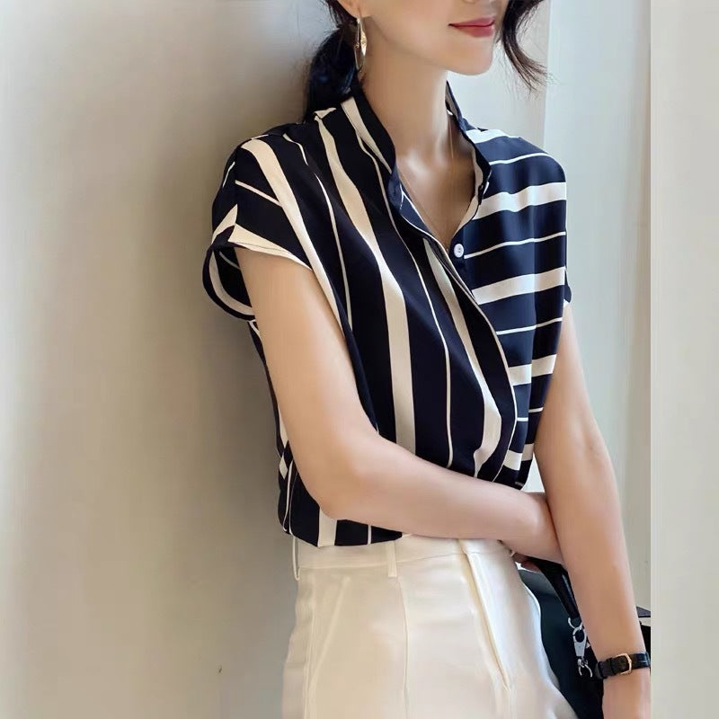 Women's Irregular Stripe Chiffon Short Sleeve Shirt