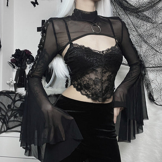 Women's Mesh Flared Sleeves Dark Style Long-sleeved Blouse