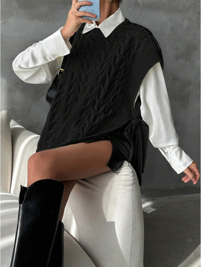 Women's Solid Color V-Neck Tie Casual Knit Vest