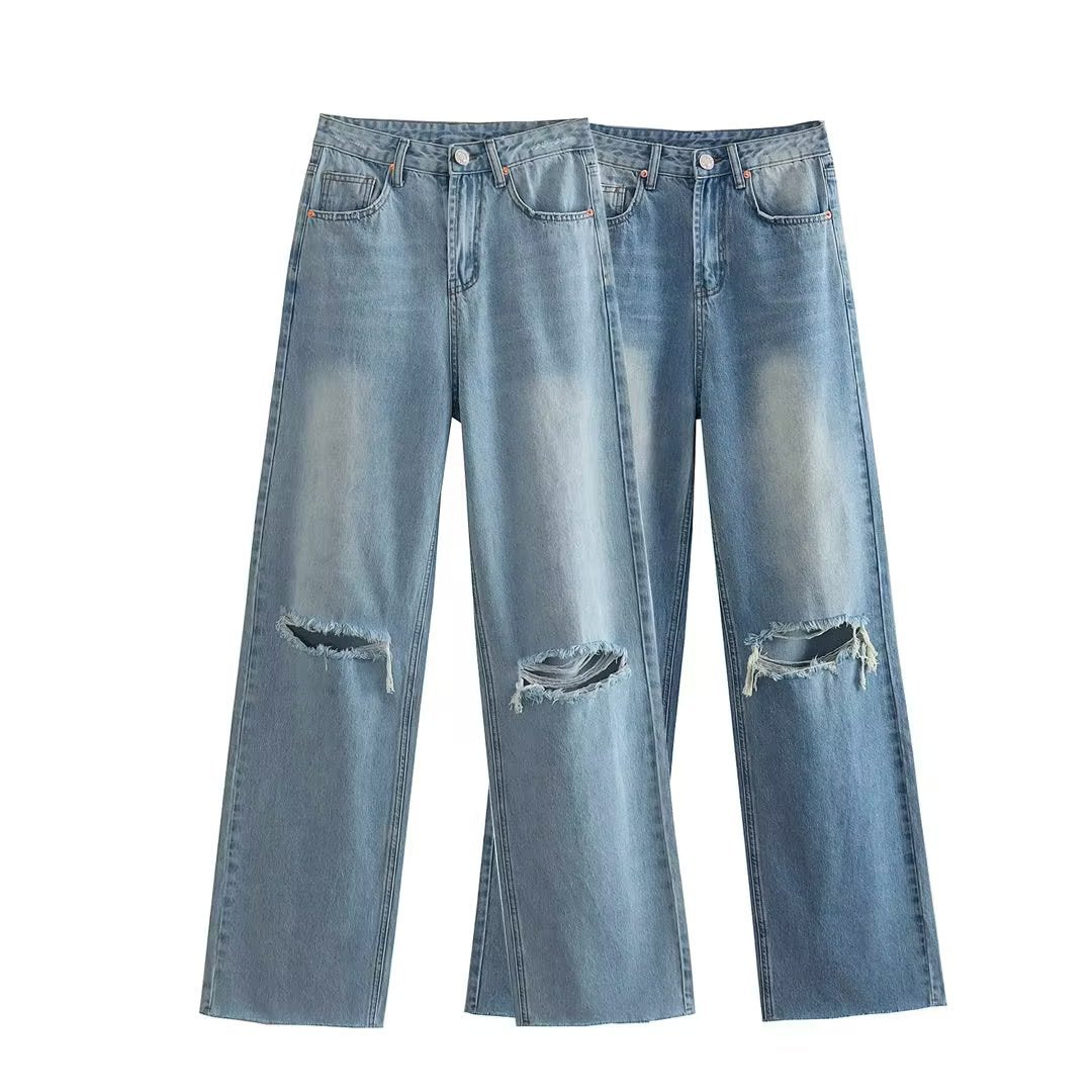 Spring And Summer Women's Perforated Hole Decoration High Waist Wide Leg Jeans