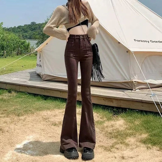 Stretchy High Waist Slimming Design Sense High Street Bell-bottom Pants Tide