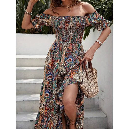 Women's Off The Shoulder Dresses Boho Flowy Smocked Maxi Sundress Beach Vacation Summer Dress